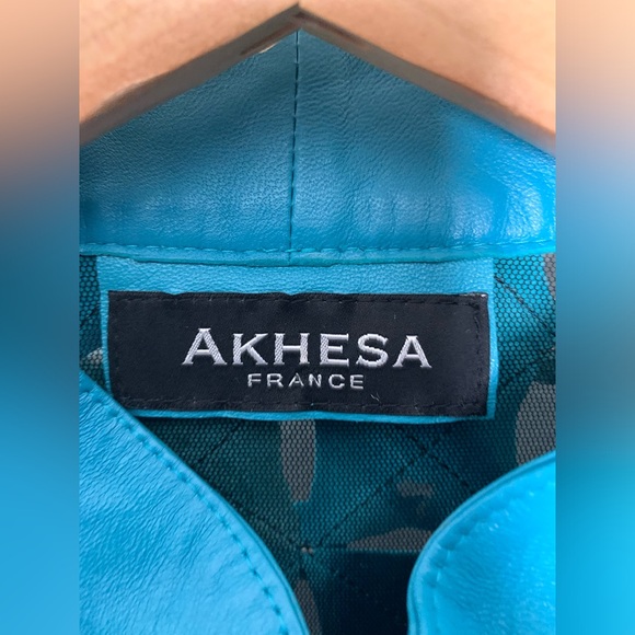 Women’s Akhesa Black Mesh Blue Leather Fitted Moto Jacket SZ M - Picture 3 of 8